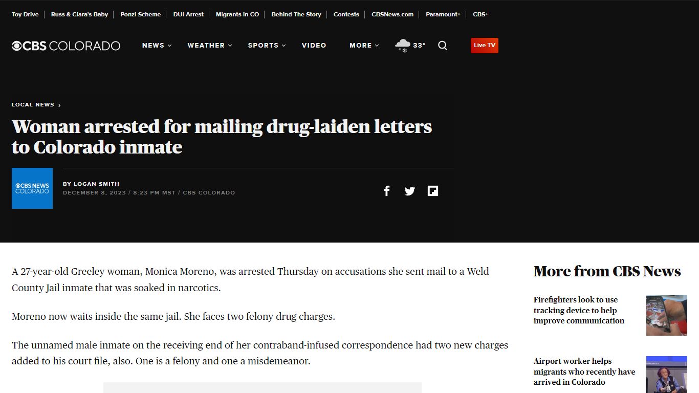 Woman arrested for mailing drug-laiden letters to Colorado inmate
