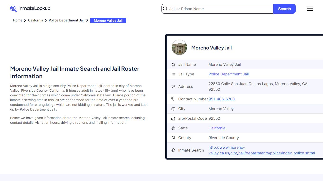 Moreno Valley Jail Inmate Search and Jail Roster Information